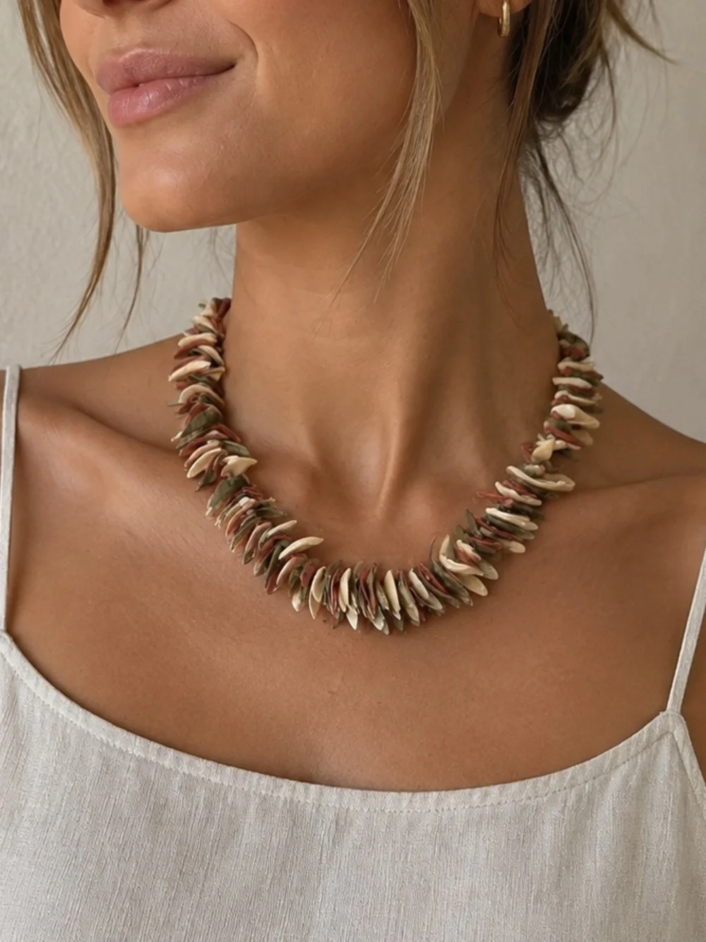 Vintage Multi Strand Layered Necklace Green Brown Orange Mother of Pearl Shell